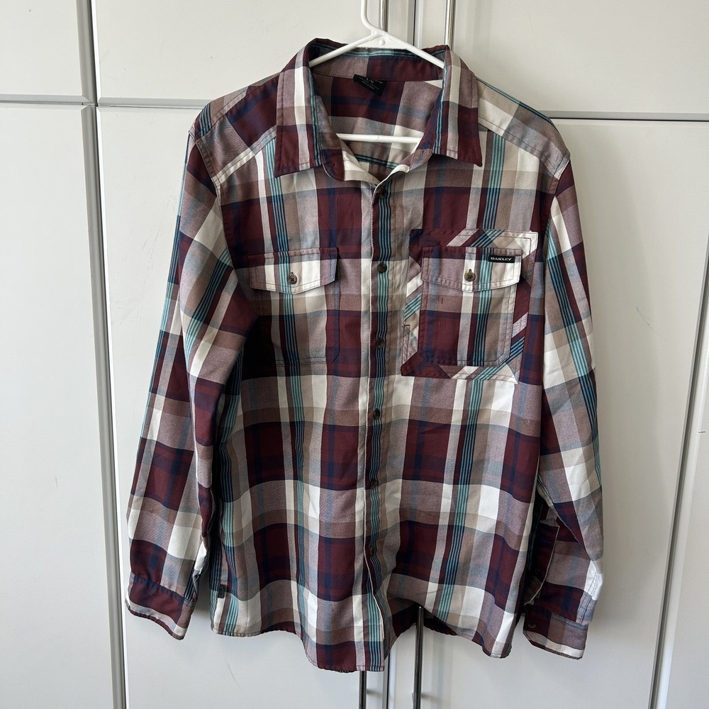 Oakley Mens Plaid Button Down Shirt Large Burgundy Teal Long Sleeve